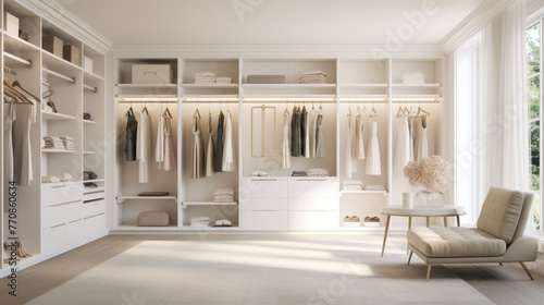 Modern luxury stylish white walk in closet feminine dressing room, minimal walk in wardrobe interior design