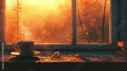 Cup of coffee on the windowsill at sunset in autumn