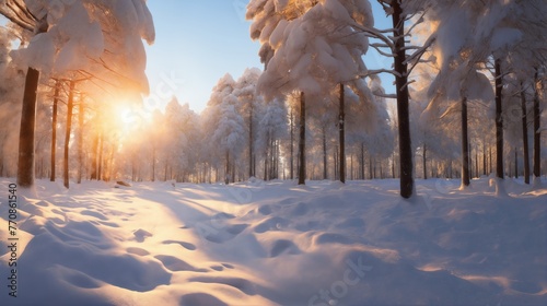 beautiful winter landscape, snow covered forest at sunset, sunlight and beautiful nature
