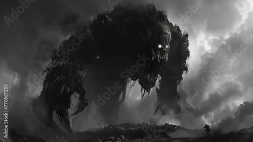 Fantasy horror scene huge demon monster , a horror book cover idea .