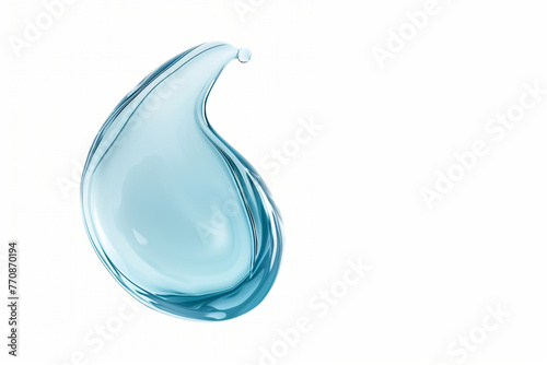 Goutte bleue transparente, liquide, produit vaisselle ou nettoyant ménager, eau, goutte en verre décorative, sur fond blanc avec espace négatif copy space journée mondiale de l'eau 22 mars H2O