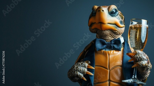Funny turtle with suit, bow tie and champagne glass isolated on dark blue