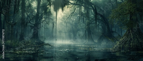 Mysterious foggy swamp with ancient trees, their branches hanging low, reflecting in the calm water under the eerie light.