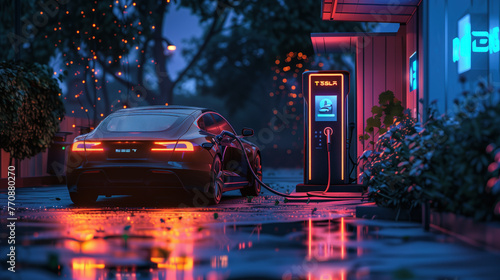 Generic electric vehicle hybrid car is being charged from a wallbox on a contemporary modern residential building house. technology of home charging for electric vehicles. Generative AI