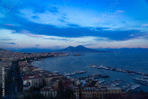 Naples from Posilipo lookout with views to the city, Mediterranean sea and Vesuvius volcan