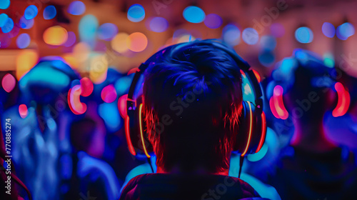 Headphones glowing with different colors as attendees switch between channels to find their favorite tunes