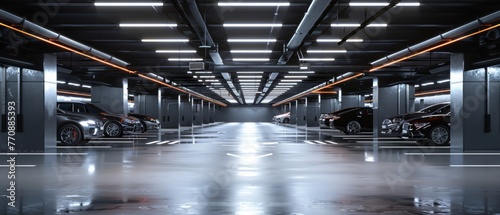 A well-lit underground parking garage with rows of parked cars in various colors.