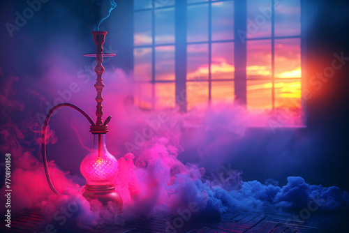 smoky hookah with glass flask on background of shisha smoke