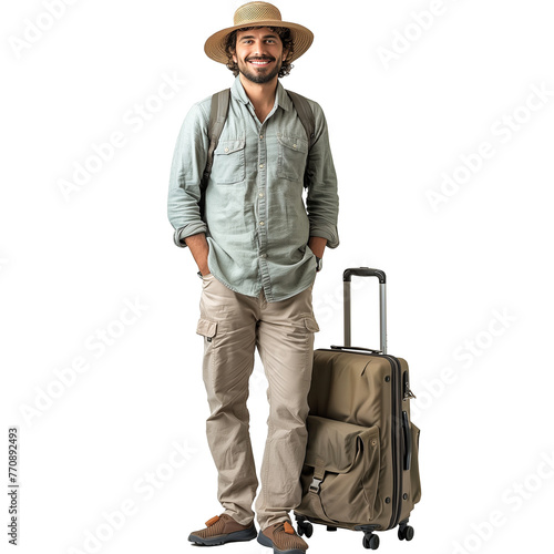 Traveler ready for a journey with suitcase and hat