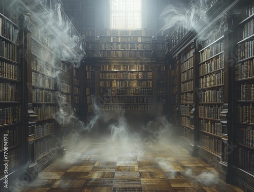 A library with shelves of books covered in dust and smog, the obscuring of knowledge by environmental neglect, blur background