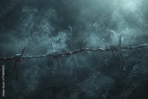 In the hazy shadows, ethereal barbed wire weaves a haunting tale of addiction's relentless grip on the soul.