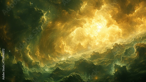  An image of a yellow-orange cloud filled with flame at its core, situated in the center of the sky