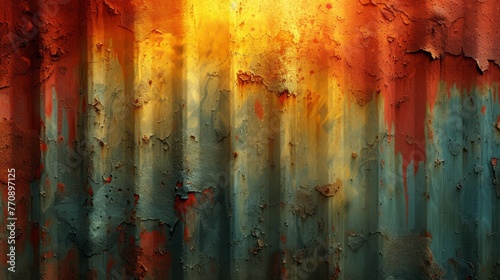 A tight shot of weathered metal, displaying orange and green light streaks originating from above