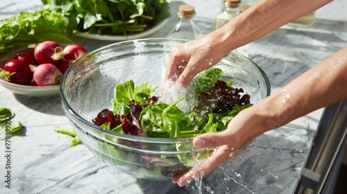 Dynamic action shot of fresh mixed salad being washed in a colander with splashing water, hands in motion on a marble background.
