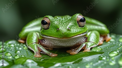  A tight shot of a frog perched on a wet leaf against a green backdrop, speckled with water droplets
