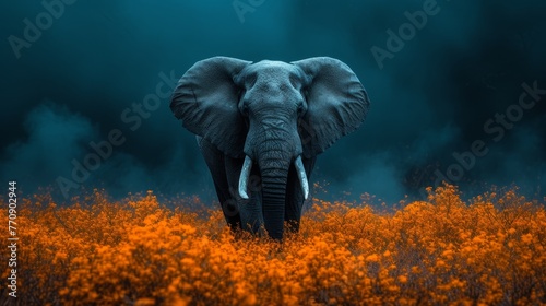  An elephant amidst an orange flower field, against a darkened sky with clouds