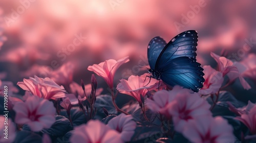  A blue butterfly perches atop a cluster of pink flowers, amidst a expansive field brimming with identical blooms