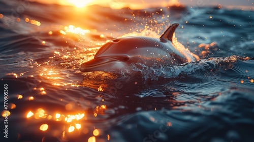  A dolphin swims in a body of water with the sun shining on its dorsal fin Its head occasionally breaks the surface