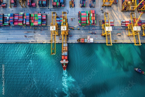 An aerial view shows the complex structure of a seaport containers, massive cranes and a loading cargo ship