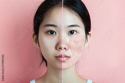 One asian girl with acne and with good skin. Split-face image showing one side with a clear complexion and the other with rosacea, pigmentation, and aging signs.