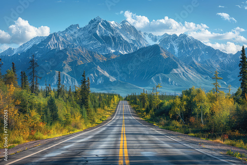 A wide angle photo of the asphalt road leading to K2, with snowcapped mountains in the background, on a sunny day with a clear blue sky. Created with Ai