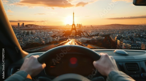 Sunrise hues over Paris, view from a car's dashboard, driver's hands on the wheel, Eiffel Tower afar
