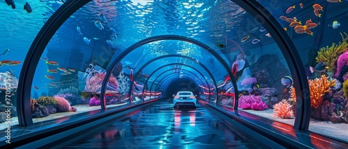 Futuristic car drives through a transparent ocean tunnel surrounded by vibrant marine life.