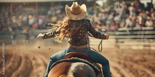 Cowgirl doll in rodeo outfit with lasso riding horse in arena with cheering fans. Concept western theme, cowgirl doll, rodeo outfit, lasso, horse, arena, cheering fans