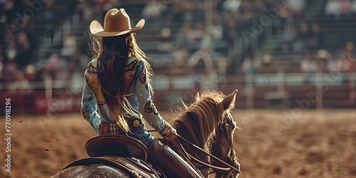 Cowgirl doll in rodeo attire with lasso riding horse in arena surrounded by enthusiastic spectators. Concept Western Theme, Rodeo Scene, Cowgirl Doll, Horse Riding, Spectator Cheer