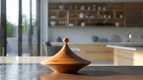 an AI-generated depiction of a wooden spinning top positioned 
