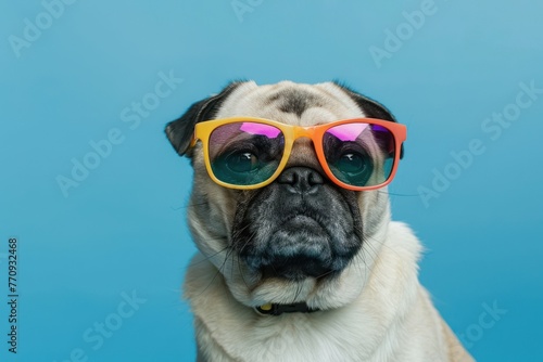 Super cool pug dog wearing colorful sunglasses on blue background