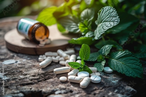 Bottle of Mint Oil Next to Pile of Mint Leaves, A juxtaposition of prescription opioids and natural pain relief methods, AI Generated