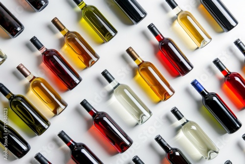 flat lay photography of many bottles with different wine colors, white background, pattern Generative AI