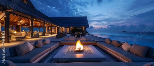 Modern luxury villa. Cozy outdoor seating patio area with large square fire pit and swimming pool giving access to beach area with palm trees on the Maldives island