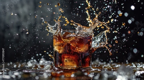 Splashing coke drink out of glass in dark background. AI generated image