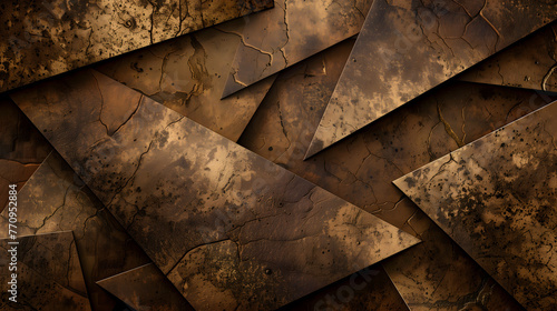 Geometric Bronze Metal Plates With Cracked Texture Arranged Abstractly. AI.