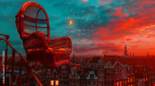 an AI-generated visual narrative portraying a surreal scenario of a vintage rattan chair