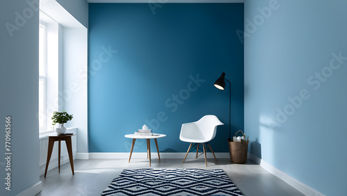 This is an image of a living room interior with sky blue as the main color.