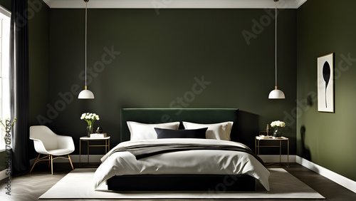 This is an image of a bedroom interior with olive green as the main color. generative ai.