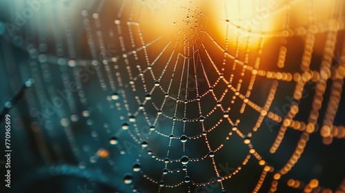 A spider web with water droplets on it. The web is very intricate and the water droplets add a sense of movement and life to the image
