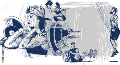 hand-drawn illustration of a man doing an exercise with a speed rope jump, a woman lifting a heavy weight on a barbell, and another man doing his weight work 