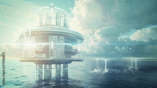 Futuristic oil drilling building in the sea