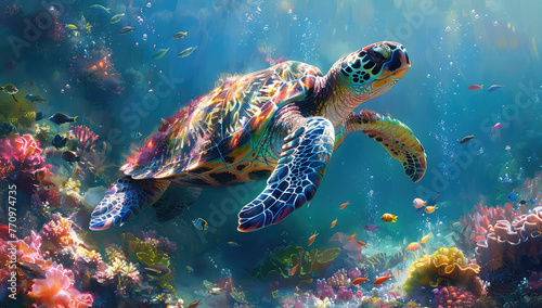 A colorful sea turtle swimming gracefully in the crystal clear waters of an underwater coral reef. Created with Ai