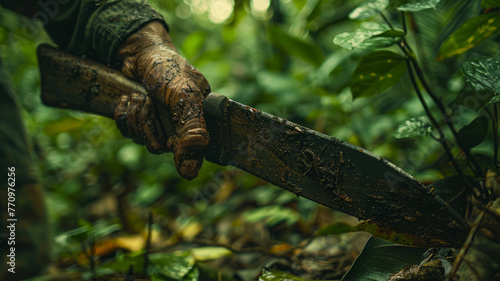 Close-up of a machete cutting through the jungle.