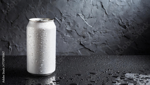 White aluminum can mockup with drops. Beer or soda drink package. Liquid in metallic container.