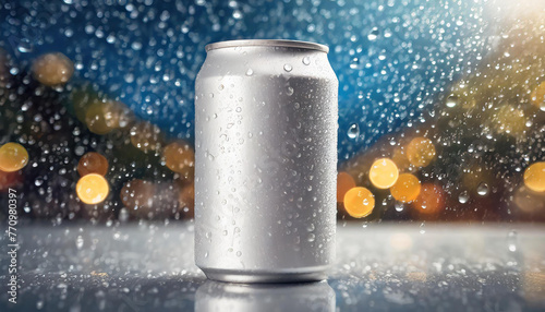 Close-up of white aluminum can mockup with drops. Beer or soda drink package. Refreshing beverage