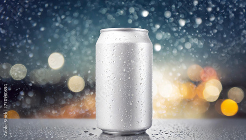White aluminum can mockup with drops. Beer or soda drink package. Refreshing beverage. Bokeh lights