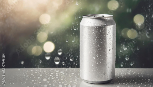 White aluminum can mockup with drops. Drink package. Refreshing beverage. Bokeh on backdrop