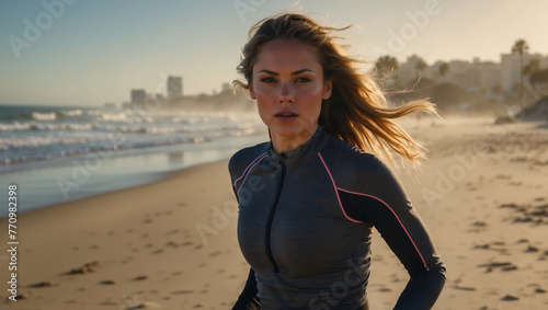 Junge Frau joggt an einem sonnigen Strand - Aktive Lebensweise und Freizeitsport in der Natur