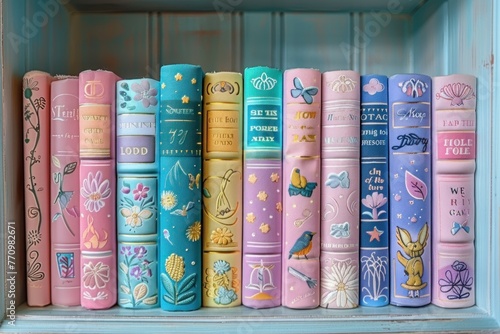 A neat row of pastel-colored books with decorative spines on a white bookshelf.